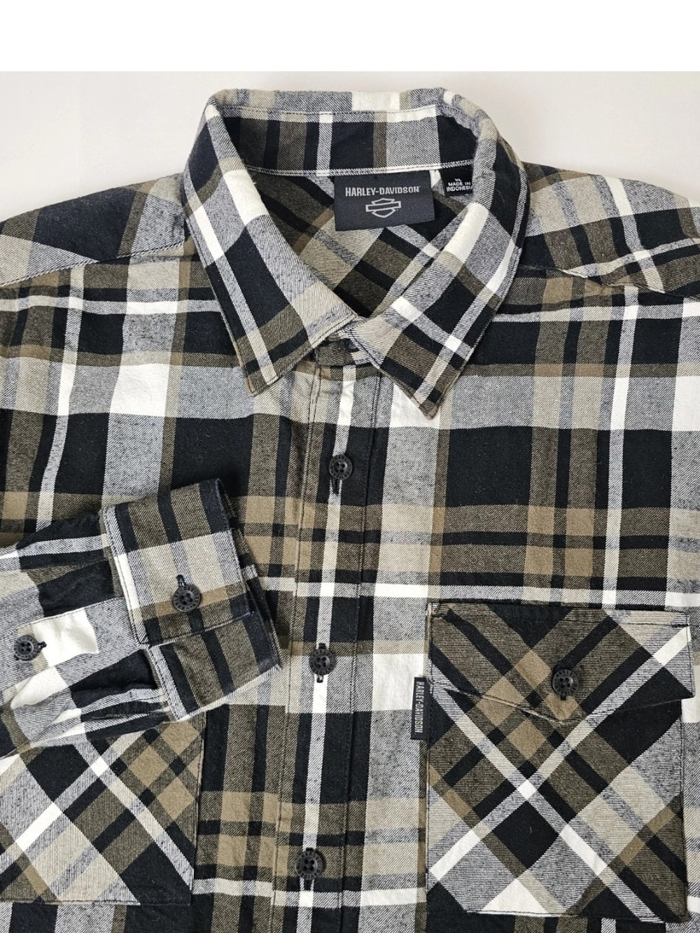 Harley-Davidson Black, Tan & White Plaid Button-Down Shirt